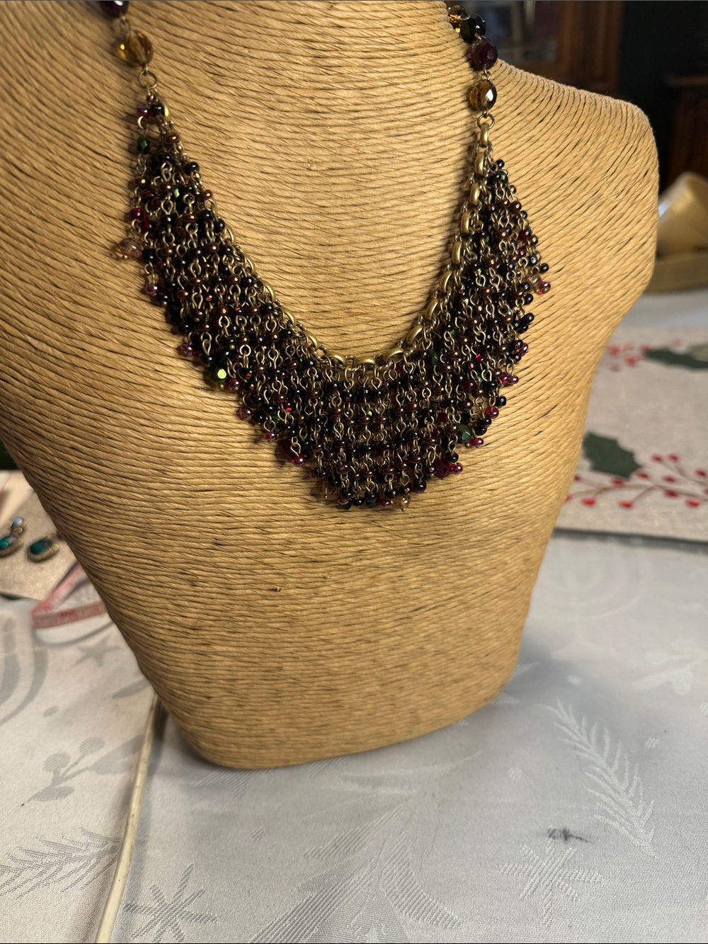 Chico's Antique Gold Multi-Bead Fringe Necklace with Garnet and Green Accents
